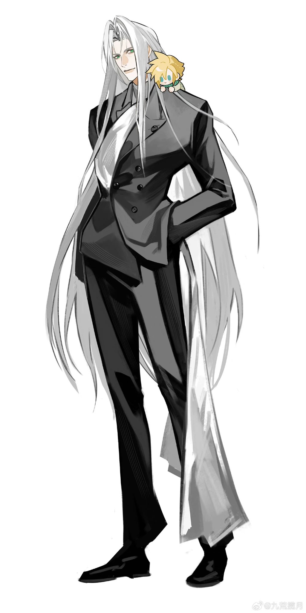 2boys, alternate_costume, black_footwear, black_pants, black_suit, blue_eyes, chibi, chibi_on_shoulder