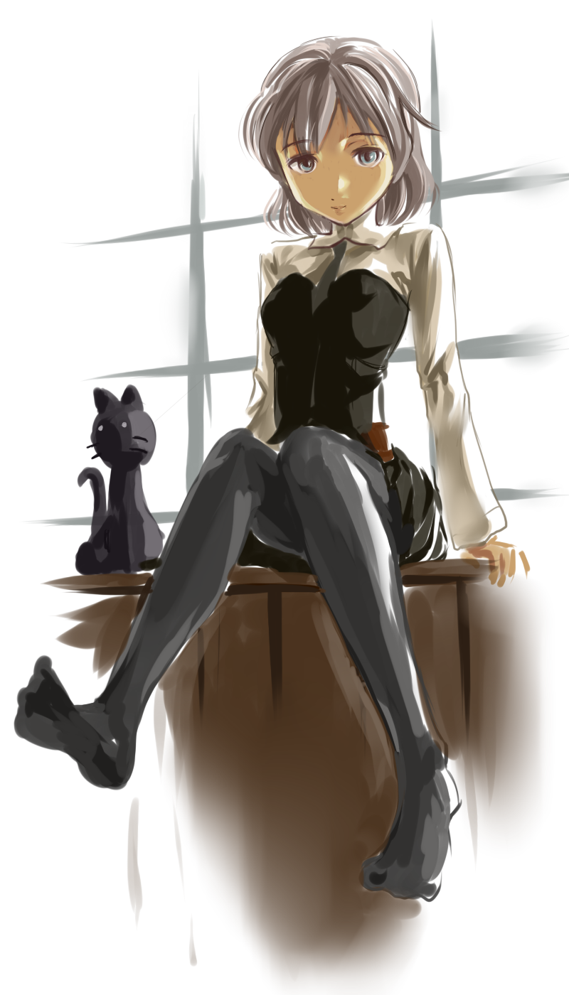 1girl, blue_eyes, cat, female_focus, grey_hair, highres, munmun, pantyhose