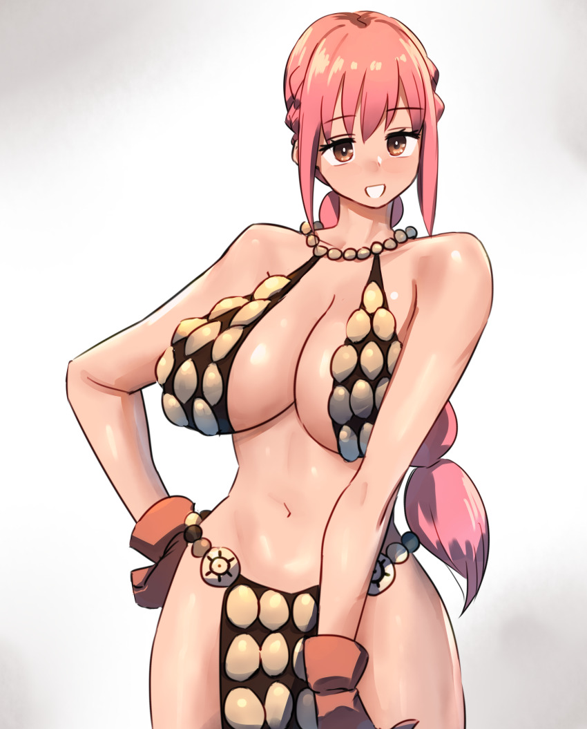 1girl, absurdres, bare_arms, bare_legs, bare_shoulders, braid, breasts, brown_gloves, curvy, female_focus, gloves, hand_on_own_hip, highres, large_breasts, long_hair, looking_at_viewer, low_ponytail, navel, one_piece, pelvic_curtain, pink_hair, ponytail, quanero, rebecca_(one_piece), revealing_clothes, shiny_skin, single_braid, smile, solo, standing