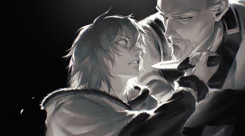 2boys, askeladd, black_background, clenched_teeth, closed_mouth, commentary_request, dagger, facial_hair