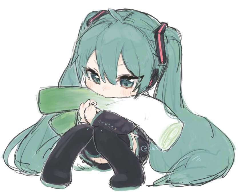 1girl, aqua_eyes, aqua_hair, black_boots, black_skirt, black_sleeves, boots, chibi, chibi_only, food, full_body, hair_between_eyes, hair_ornament, hatsune_miku, highres, holding, holding_food, holding_spring_onion, holding_vegetable, knees_together_feet_apart, knees_up, long_hair, long_sleeves, miniskirt, n03+, own_hands_together, pleated_skirt, simple_background, sitting, skirt, solo, spring_onion, thigh_boots, twintails, twitter_username, vegetable, very_long_hair, vocaloid, watermark, white_background