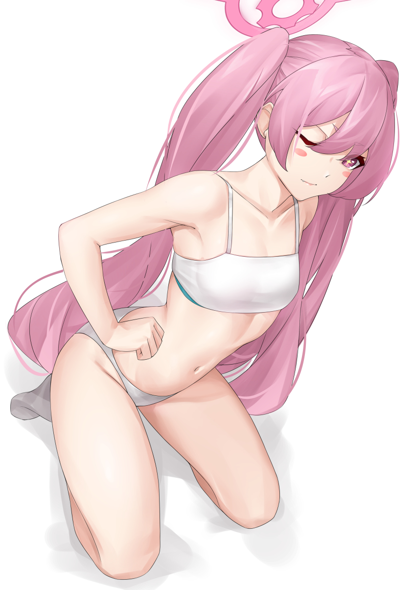 1girl, absurdres, bare_arms, bare_shoulders, blue_archive, blush_stickers, camisole, casperrin