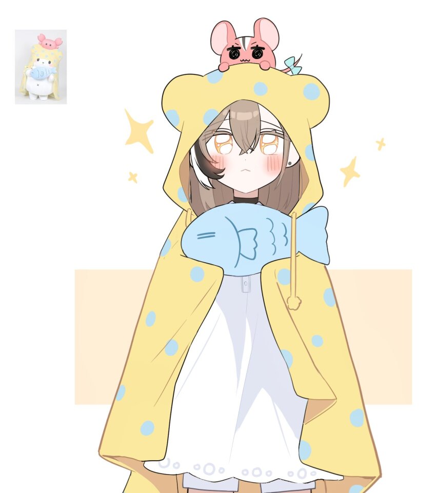 1girl, :<, animal_hood, black_choker, blanket, blush, brown_eyes, brown_hair, choker, cosplay, crossed_bangs, dress, earrings, fish, hair_between_eyes, hakos_baelz, hakos_baelz_(rat), highres, hololive, hololive_english, hood, jewelry, long_hair, looking_at_viewer, marumofubiyori, marumofubiyori_(cosplay), mouse_(animal), nanashi_mumei, ribbon, sanrio, shorts, sparkle, sparkling_eyes, two-tone_background, virtual_youtuber, white_dress, white_shorts, xx_tk9, yellow_blanket