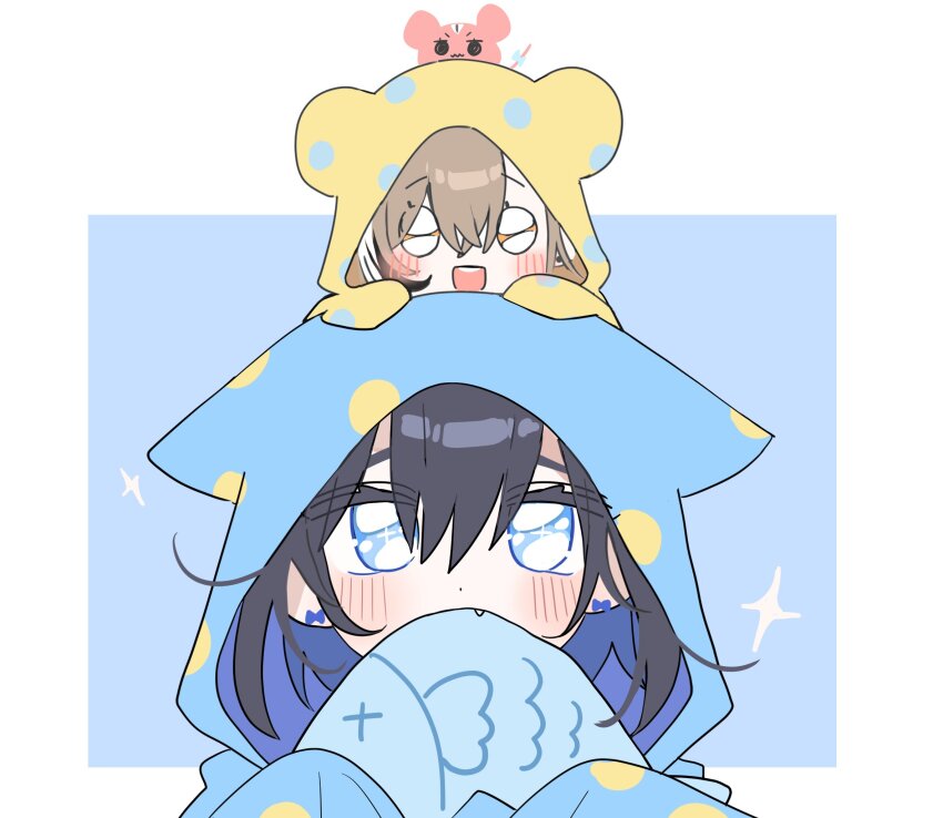 2girls, :3, :d, animal_hood, biting, black_hair, blanket, blue_background