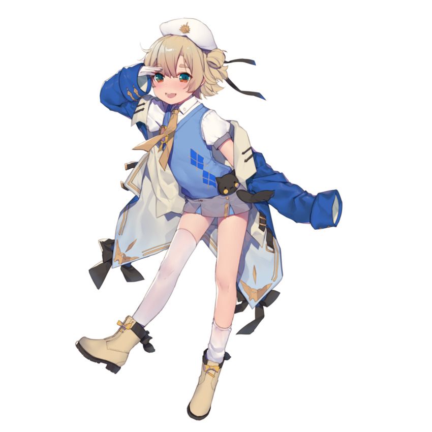 1boy, animal_ears, animal_ornament, ankle_boots, aqua_sweater_vest, argyle_clothes, argyle_sweater_vest, artist_request, badge, belt, belt_buckle, black_belt, black_ribbon, blue_coat, blue_sleeves, blue_wrist_cuffs, boots, bow, brown_boots, brown_necktie, buckle, buttons, coat, coat_ribbon, collar, collared_shirt, final_gear, footwear_bow, full_body, gold_buckle, gold_buttons, green_eyes, grey_skirt, hairstyle_request, half_updo, hat, headwear_request, highres, kneehighs, lace-up_boots, light_blush, light_brown_eyebrows, light_brown_hair, long_sleeves, millyna_(final_gear), mismatched_socks, multicolored_eyes, necktie, official_art, open_mouth, pleated_skirt, puffy_sleeves, ribbon, salute, shirt, short_sleeves, sidelocks, simple_background, single_kneehigh, single_sock, single_thighhigh, skirt, sleeves_past_wrists, socks, solo, striped_coat, sweater_vest, tachi-e, tassel, thick_eyebrows, thighhighs, third-party_source, tongue, transparent_background, two-tone_eyes, undershirt, white_collar, white_hat, white_sleeves, wrist_cuffs, yellow_bow