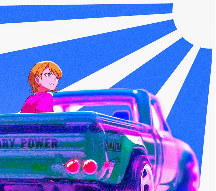 1girl, highres, hot_wheels, kouki_(ky1202281), looking_up, mazda, mazda_b_series, mole, mole_under_eye, motor_vehicle, original, parted_lips, photo_background, pickup_truck, pink_shirt, purple_eyes, shirt, short_hair, smile, truck