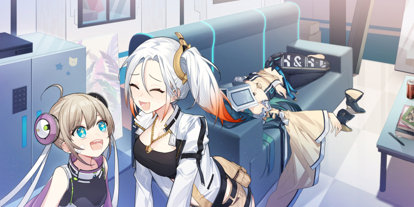 +_+, 3girls, ahoge, animal_sticker, ankle_boots, aqua_belt, aqua_ribbon, artist_request