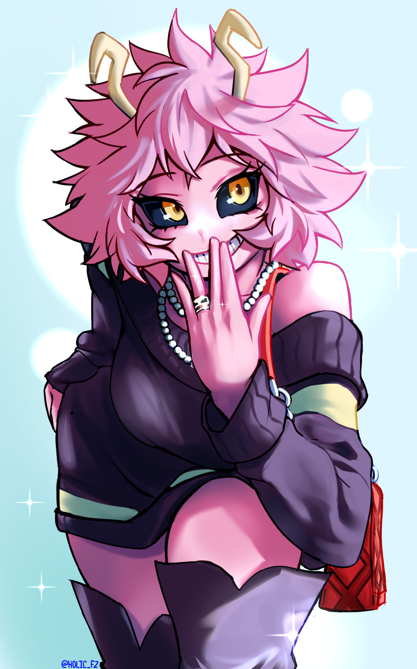 1girl, absurdres, antennae, artist_name, ashido_mina, bead_necklace, beads, black_boots