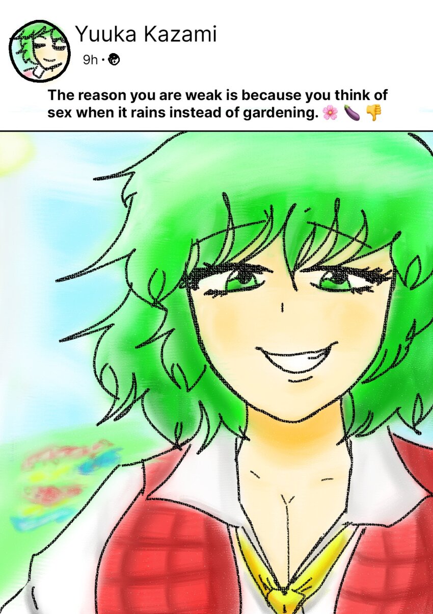 1girl, breasts, cleavage, english_text, flower, green_eyes, green_hair, highres, kazami_yuuka, looking_at_viewer, medium_breasts, plaid_clothes, plaid_vest, smile, tomino's_hell, touhou, vest