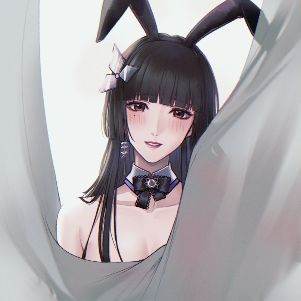 1girl, angon623, animal_ear_hairband, animal_ears, black_bow, black_bowtie, black_hair, blunt_bangs, blunt_ends, blush, bow, bowtie, breasts, brown_eyes, collarbone, curtains, detached_collar, earrings, fake_animal_ears, hairband, hime_cut, jewelry, long_hair, looking_at_viewer, medium_breasts, mole, mole_under_eye, nude, parted_lips, path_to_nowhere, petal_earrings, rabbit_ear_hairband, rabbit_ears, shuriken_hair_ornament, single_earring, smile, solo, straight-on, sumire_(path_to_nowhere), upper_body