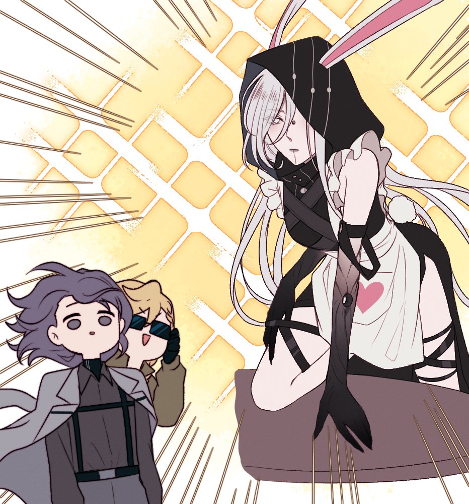 3girls, :o, adapted_costume, alternate_costume, angon623, animal_ears, apron, armband, bare_legs, bare_shoulders, black_dress, black_hood, black_shirt, blank_eyes, blonde_hair, braid, bridge_piercing, chest_harness, chief_(path_to_nowhere), climbing, coat, coat_on_shoulders, collared_shirt, commentary, cracked_skin, dress, earrings, ears_through_hood, emp_(path_to_nowhere), emphasis_lines, empty_eyes, english_commentary, enmaided, face_piercing, female_chief_(path_to_nowhere), gradient_skin, grey_coat, grey_eyes, grey_hair, grey_pants, harness, heart, heart_apron, heart_print, high_collar, hole_on_body, jewelry, maid, multiple_girls, nose_bridge_piercing, nox_(path_to_nowhere), pants, path_to_nowhere, piercing, print_apron, putting_on_earrings, putting_on_jewelry, rabbit_ears, rabbit_girl, rabbit_tail, rectangular_eyewear, shirt, sleeveless, sleeveless_dress, sunglasses, tail, thigh_strap, undershirt, waist_apron, white_eyes, white_hair