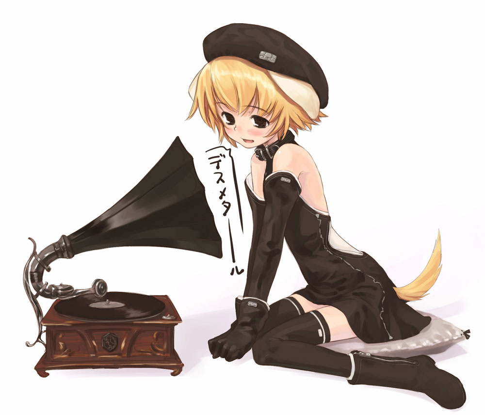 1girl, animal_ears, bare_shoulders, beret, black_gloves, black_thighhighs, blonde_hair, blush