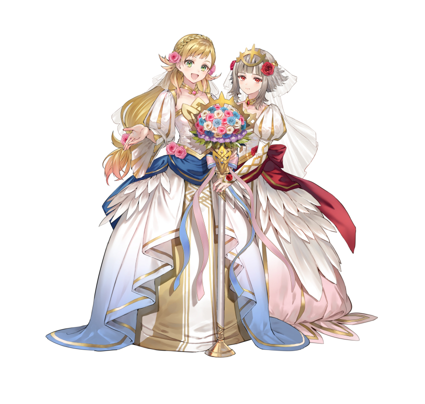 2girls, absurdres, blonde_hair, bouquet, braid, crown_braid, dress, fire_emblem