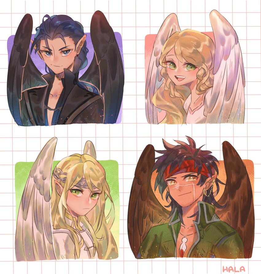 1girl, 3boys, :d, artist_name, bird_boy, bird_girl, black_coat, black_wings, blonde_hair, blue_eyes, blue_hair, brown_wings, closed_mouth, coat, commentary, english_commentary, feather_necklace, fire_emblem, fire_emblem:_path_of_radiance, fire_emblem:_radiant_dawn, green_coat, green_eyes, grid_background, halapokok, headband, highres, jewelry, leanne_(fire_emblem), multiple_boys, naesala_(fire_emblem), necklace, nintendo, open_mouth, pointy_ears, red_headband, reyson_(fire_emblem), scar, scar_on_face, simple_background, smile, teeth, tibarn_(fire_emblem), upper_teeth_only, white_background, white_wings, wings, yellow_eyes