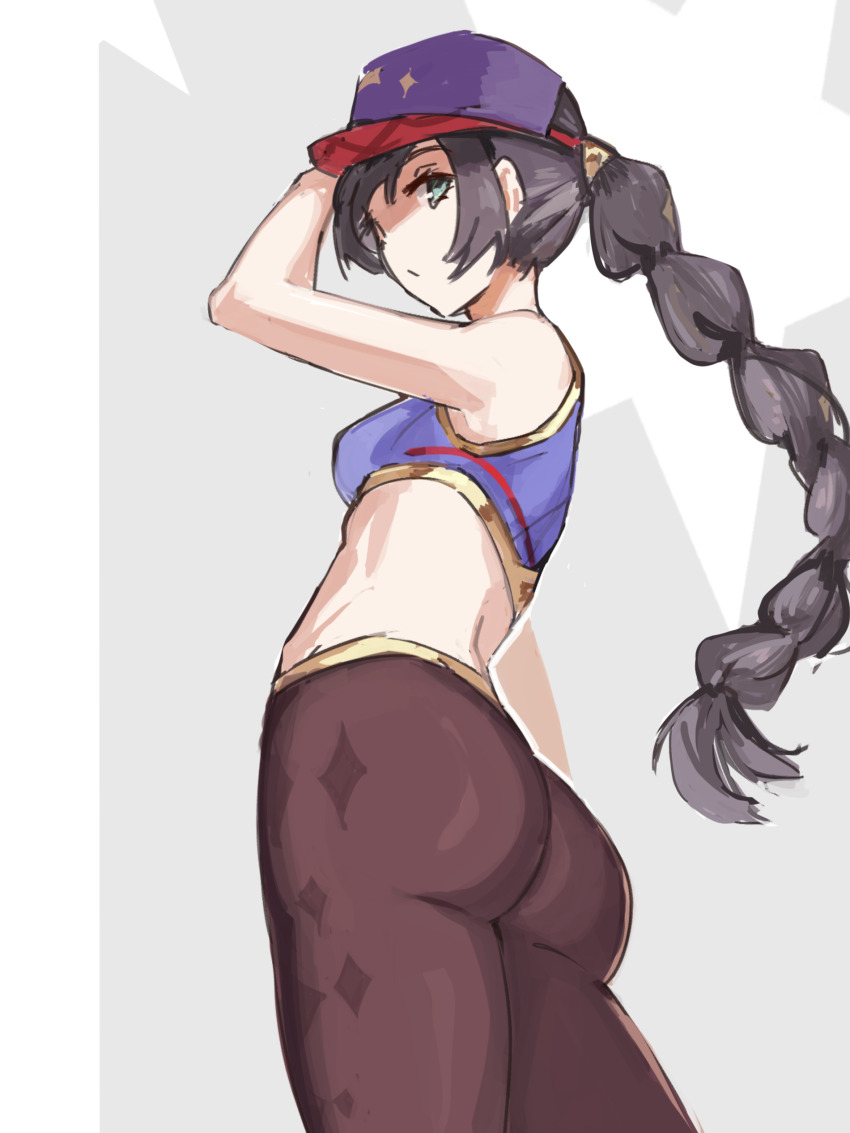 1girl, :/, absurdres, adapted_costume, alternate_hairstyle, arm_up, ass, baseball_cap