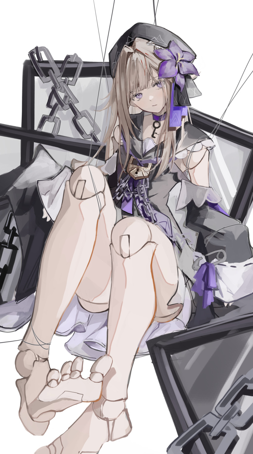 1girl, absurdres, barefoot, beret, blush, brown_hair, chain, choker, closed_mouth, coat, doll_joints, dress, feet, flower, hair_flower, hair_intakes, hair_ornament, hat, head_tilt, herta_(puppet)_(honkai:_star_rail), highres, honkai:_star_rail, honkai_(series), joints, key, key_choker, light_blush, lock, long_hair, long_sleeves, looking_at_viewer, off-shoulder_dress, off_shoulder, picture_frame, puppet, puppet_strings, purple_choker, purple_dress, purple_eyes, purple_flower, ren_(renjiyu), sitting, sleeves_past_fingers, sleeves_past_wrists, solo, solo_focus, white_background