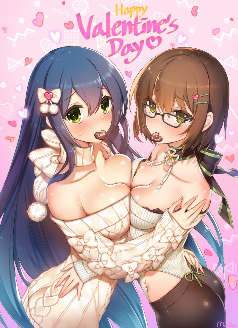 2girls, bare_shoulders, black_hair, blush, breast_press, breasts, brown_eyes, brown_hair, chocolate, cleavage, commission, date_shigezane_(sengoku_bushouki_muramasa), glasses, green_eyes, hair_ornament, heart, hug, katakura_kojuurou_(sengoku_bushouki_muramasa), large_breasts, long_hair, medium_breasts, multiple_girls, munlu_(wolupus), pantyhose, pink_background, ribbon, scarf, sengoku_bushouki_muramasa, skeb_commission, sweater, symmetrical_docking, valentine