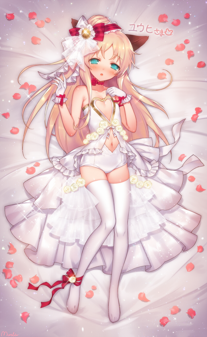 1girl, animal_ears, bare_shoulders, bed, blonde_hair, blush, cat_ears, commission, dress, flat_chest, frills, gloves, green_eyes, hair_ornament, highres, long_hair, midriff, munlu_(wolupus), pantyhose, petals, ribbon, sengoku_bushouki_muramasa, skeb_commission, solo, wedding_dress, xavier_(sengoku_bushouki_muramasa)