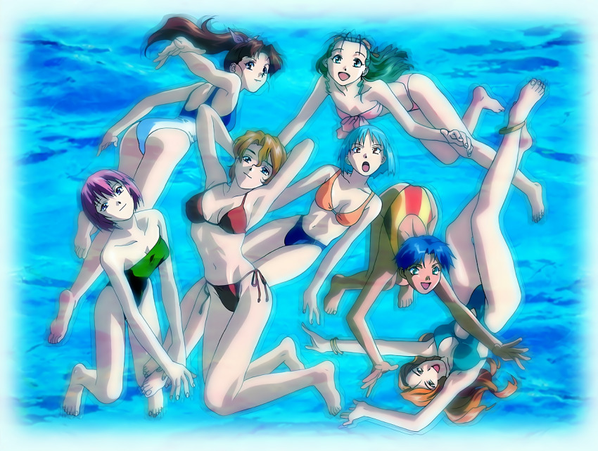 1990s_(style), 6+girls, anklet, aqua_hair, arms_behind_head, arms_up, barefoot, bikini