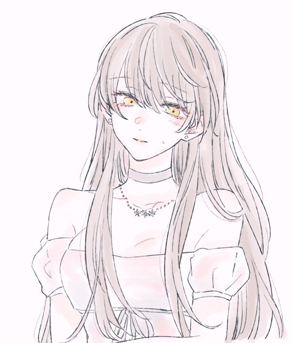 1girl, ariel_(path_to_nowhere), blush, brown_hair, choker, closed_mouth, dress, earrings