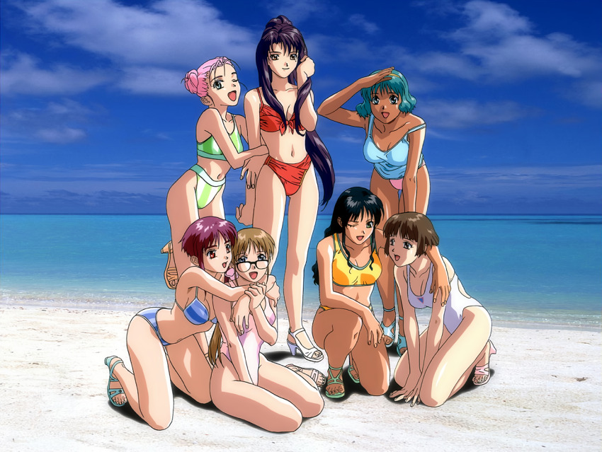 1990s_(style), 6+girls, aqua_hair, arimori_kei, arm_around_shoulder, arm_up, bikini, black_hair