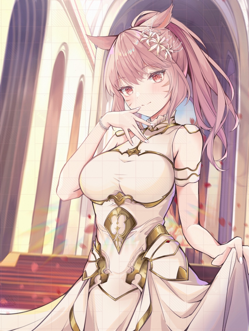 1girl, absurdres, animal_ears, armband, bare_shoulders, blush, breasts, cat_ears