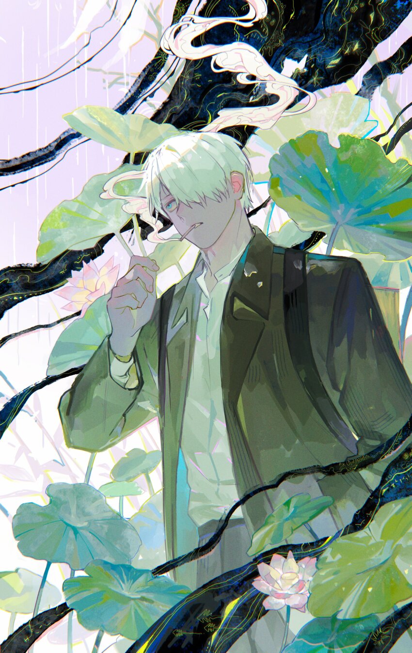 1boy, abstract_background, absurdres, backpack, bag, black_pants, blue_eyes, cigarette