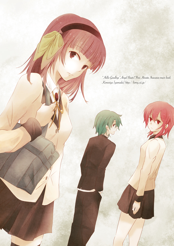 10s, 1boy, 2girls, alternate_costume, angel_beats!, bad_id, bad_pixiv_id, blazer