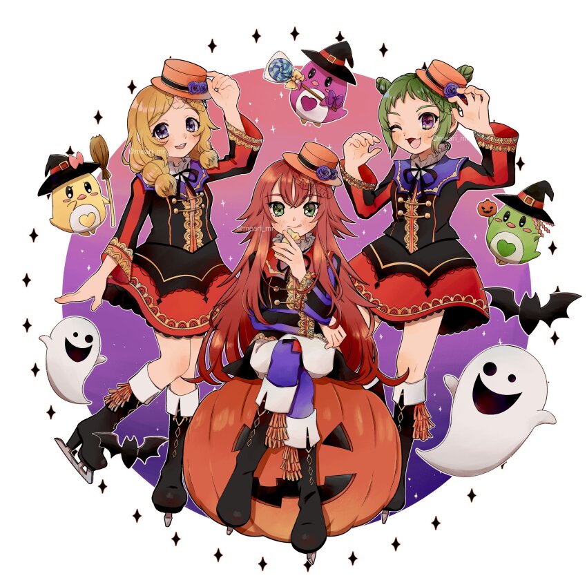 3girls, absurdres, black_footwear, black_jacket, blonde_hair, boots, broom, candy