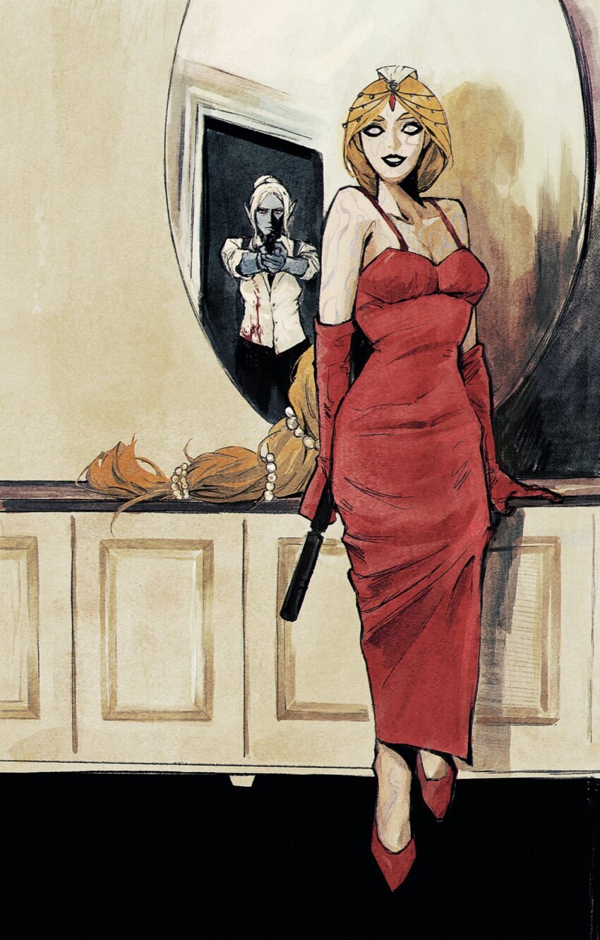 2girls, aiming, alternate_costume, alternate_universe, arm_support, baldur's_gate, baldur's_gate_3, bare_shoulders, beads, black_eyeshadow, black_lips, black_pants, blonde_hair, blood, blood_on_clothes, breasts, circlet, cleavage, collarbone, colored_skin, contemporary, dark_elf, dress, elbow_gloves, elf, evening_gown, eyeshadow, full_body, gloves, grey_skin, gun, hair_beads, hair_bun, hair_ornament, headpiece, highres, holding, holding_gun, holding_weapon, indoors, leaning, long_hair, makeup, medium_breasts, minthara, mirror, multi-tied_hair, multiple_girls, orin_the_red, outstretched_arms, pants, pointy_ears, qianlong_eva, red_dress, red_eyes, red_footwear, red_gloves, shirt, short_hair, single_hair_bun, sleeveless, sleeveless_dress, smile, weapon, white_eyes, white_hair, white_shirt