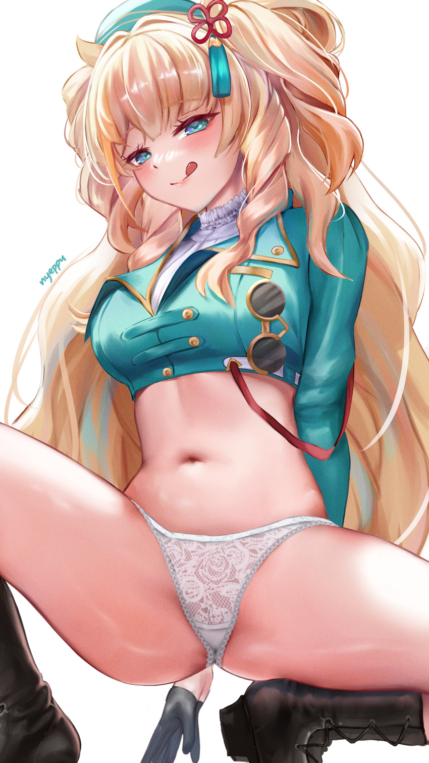 1girl, :q, absurdres, artist_name, black_boots, black_gloves, blonde_hair, blue_eyes, blue_jacket, boots, breasts, commentary, cropped_jacket, english_commentary, gloves, hair_ornament, half_gloves, highres, honkai_(series), honkai_impact_3rd, jacket, knee_boots, licking_lips, long_hair, long_sleeves, looking_at_viewer, medium_breasts, navel, nyeppu, paid_reward_available, panties, solo, songque, songque_(jovial_deception:_shadowdimmer), squatting, stomach, thighs, tongue, tongue_out, underwear, white_background, white_panties