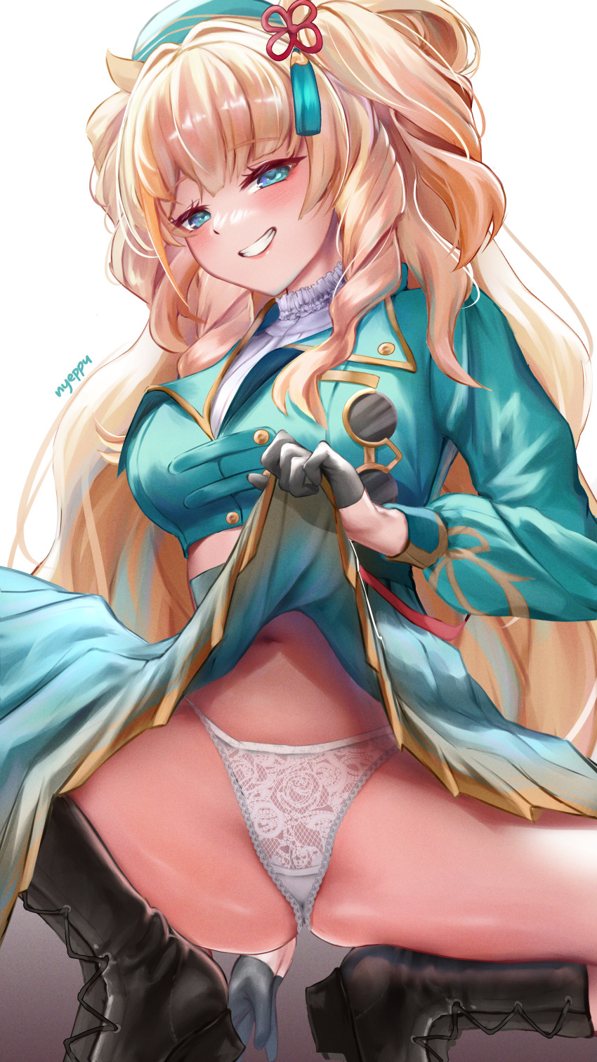 1girl, absurdres, artist_name, black_boots, black_gloves, blonde_hair, blue_eyes, blue_jacket