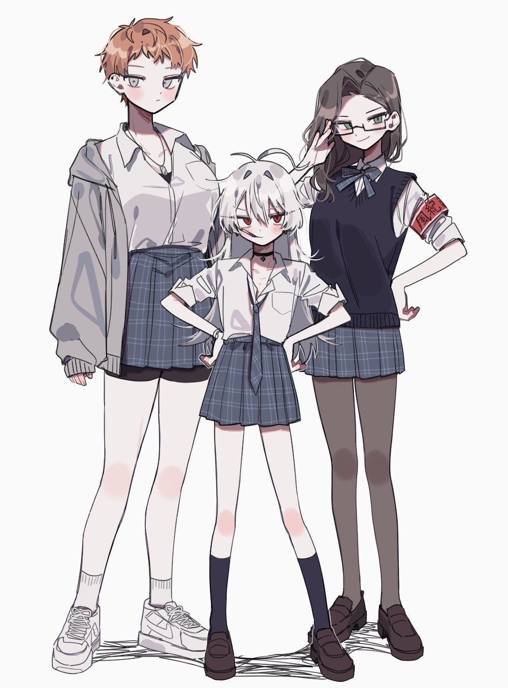 3girls, adjusting_eyewear, ahoge, aohitsugi_samatoki, armband, asymmetrical_bangs, bike_shorts, bike_shorts_under_skirt