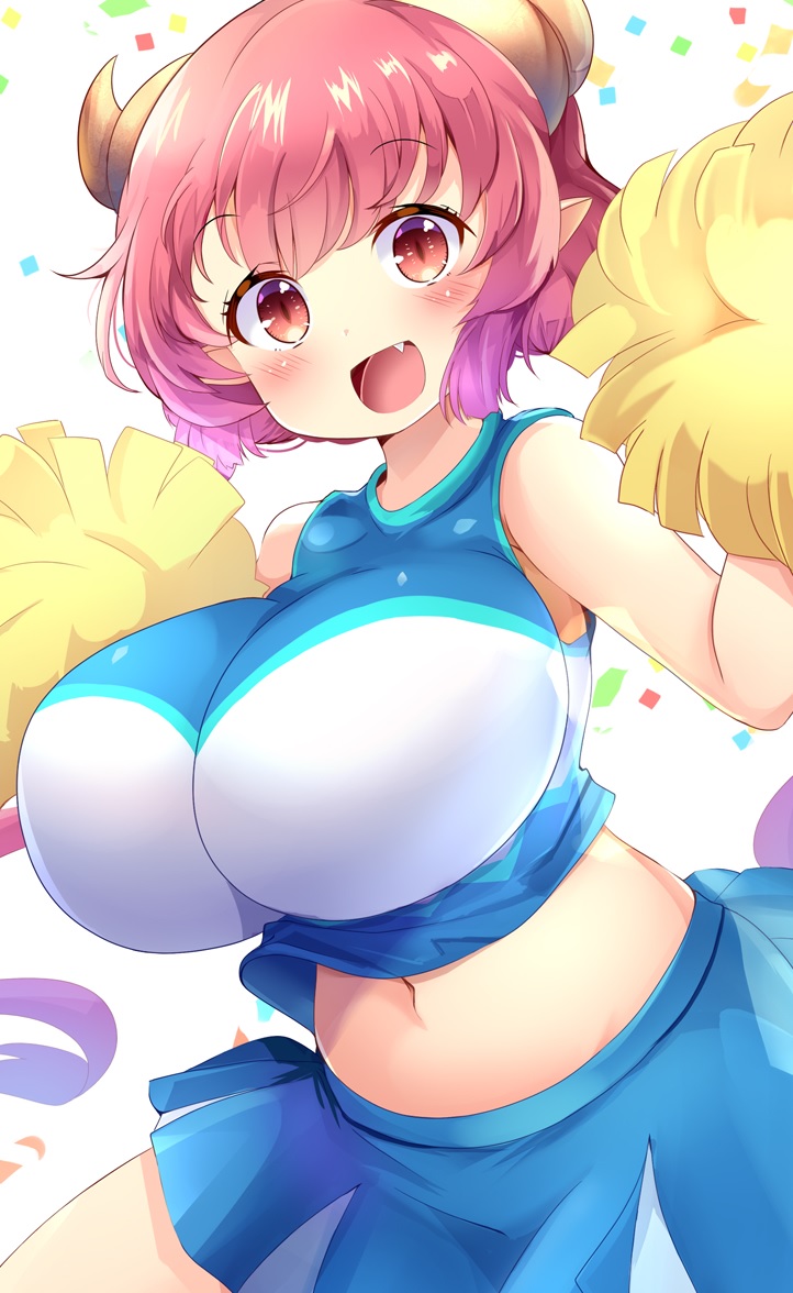 1girl, alternate_costume, aru_(arudes), breasts, cheerleader, fang, horns, ilulu_(maidragon)