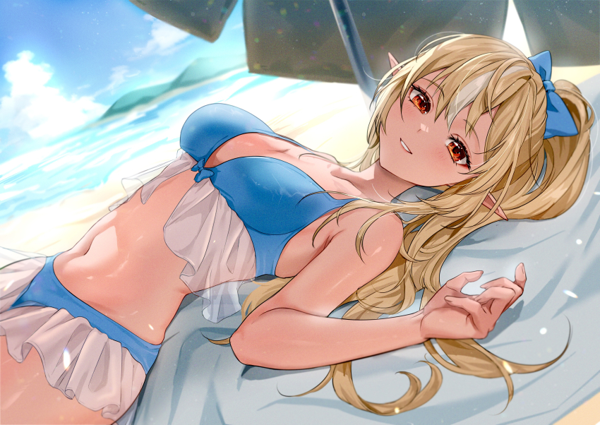 1girl, absurdres, alternate_costume, beach, bikini, blonde_hair, blue_bikini, blue_bow