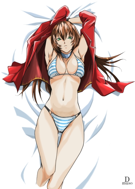 1girl, arms_up, bikini, brown_hair, dottona_(dotna), female_focus, green_eyes, jacket