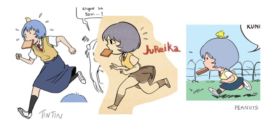 2girls, animal, animal_on_head, ayanami_rei, bird, bird_on_head, black_eyes, black_skirt, black_socks, blue_hair, blue_skirt, blue_sky, bread, bread_slice, breasts, character_name, collared_shirt, copyright_name, dress_shirt, fence, flying_sweatdrops, food, food_in_mouth, grass, jucika_(comic), kneehighs, late_for_school, lina_rei, mouth_hold, multiple_girls, multiple_views, necktie, neon_genesis_evangelion, nvi2762, on_head, outdoors, parody, peanuts_(comic), red_necktie, running, scribble, sepia, shirt, shoes, short_hair, skirt, sky, small_breasts, socks, solid_circle_eyes, solo_focus, souryuu_asuka_langley, speech_bubble, style_parody, sweater_vest, tintin, toast, toast_in_mouth, white_footwear, white_shirt, yellow_bird, yellow_sweater_vest