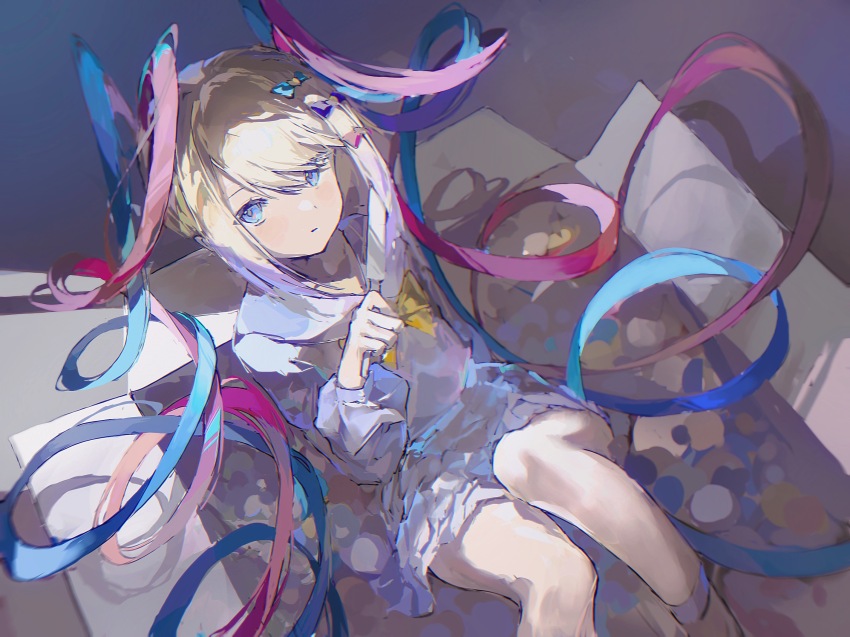 1girl, blonde_hair, blue_bow, blue_eyes, blue_hair, blue_serafuku, blue_shirt, blue_skirt