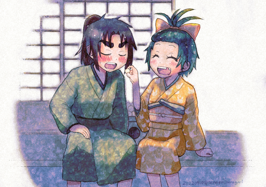 1boy, 1girl, :d, black_hair, blush, bow, chipped_tooth, closed_eyes