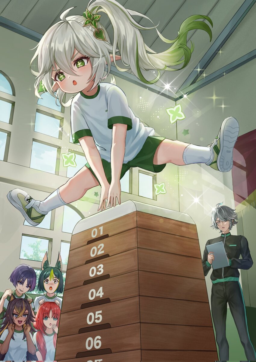 3boys, 3girls, alhaitham_(genshin_impact), animal_ears, black_hair, black_jacket, black_pants, blonde_hair, blush, brown_hair, corrupted_twitter_file, cross-shaped_pupils, dehya_(genshin_impact), fox_ears, genshin_impact, gradient_hair, green_eyes, green_hair, green_shorts, grey_hair, gym_shirt, gym_shorts, gym_uniform, hair_between_eyes, hair_ornament, highres, jacket, kama_(kama_ovo), long_hair, multicolored_hair, multiple_boys, multiple_girls, nahida_(genshin_impact), nilou_(genshin_impact), open_mouth, pants, pointy_ears, purple_hair, red_hair, scaramouche_(genshin_impact), shirt, shoes, shorts, side_ponytail, smile, symbol-shaped_pupils, tighnari_(genshin_impact), track_jacket, upper_body, white_hair, white_shirt