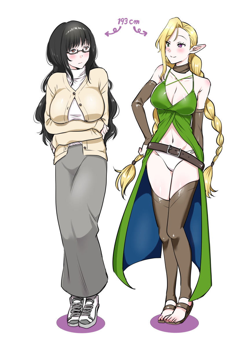 2girls, absurdres, black_hair, blonde_hair, braid, breasts, brown_eyes, commission