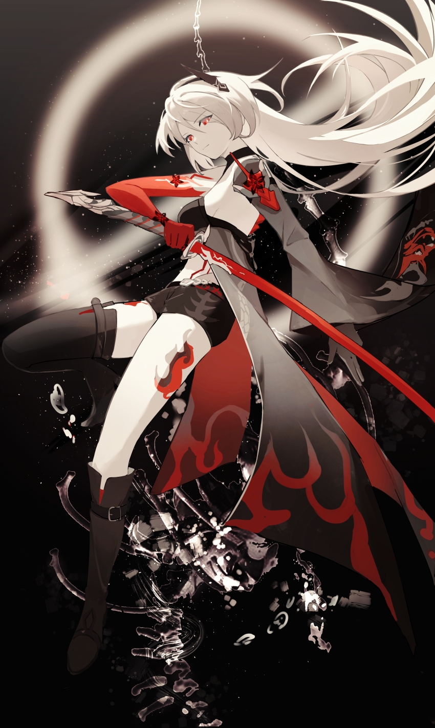 1girl, absurdres, acheron_(honkai:_star_rail), armor, asymmetrical_footwear, belt, black_belt, black_choker