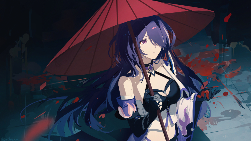 1girl, absurdres, acheron_(honkai:_star_rail), armor, bandaged_arm, bandages, black_choker, breasts, chain, chain_around_arm, choker, cleavage, coat, coattails, collarbone, commentary, criss-cross_halter, crop_top, diamond-shaped_pupils, diamond_(shape), hair_over_one_eye, halterneck, highres, holding, holding_umbrella, honkai:_star_rail, honkai_(series), large_breasts, long_hair, luthiexxx, midriff, multicolored_hair, navel, oil-paper_umbrella, petals, purple_eyes, purple_hair, red_petals, shoulder_armor, single_bare_shoulder, single_wide_sleeve, solo, streaked_hair, symbol-shaped_pupils, tailcoat, twitter_username, umbrella, upper_body, very_long_hair, white_coat