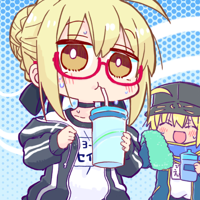 2girls, :d, :t, ^_^, ahoge, artoria_pendragon_(fate), baseball_cap, bendy_straw