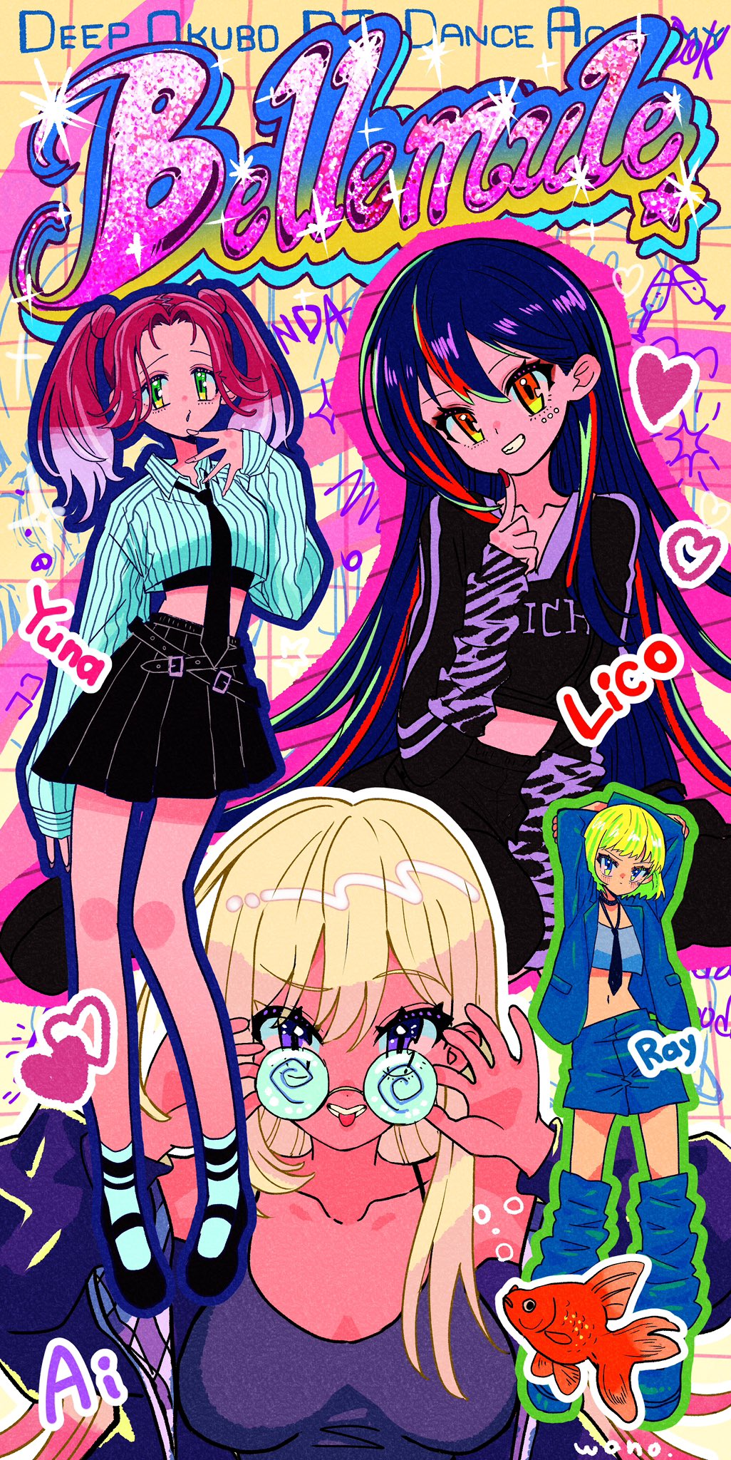 ai_(denonbu), arms_up, black_necktie, black_skirt, blonde_hair, blue_hair, breasts, character_name