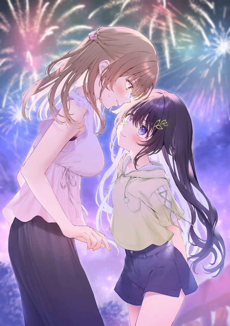2girls, arm_behind_back, black_hair, brown_hair, eye_contact, fireworks, hair_ornament, height_difference
