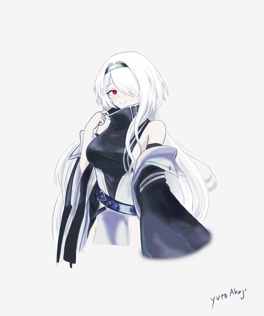 1girl, absurdres, artist_name, azur_lane, bare_shoulders, black_hairband, black_jacket, closed_mouth