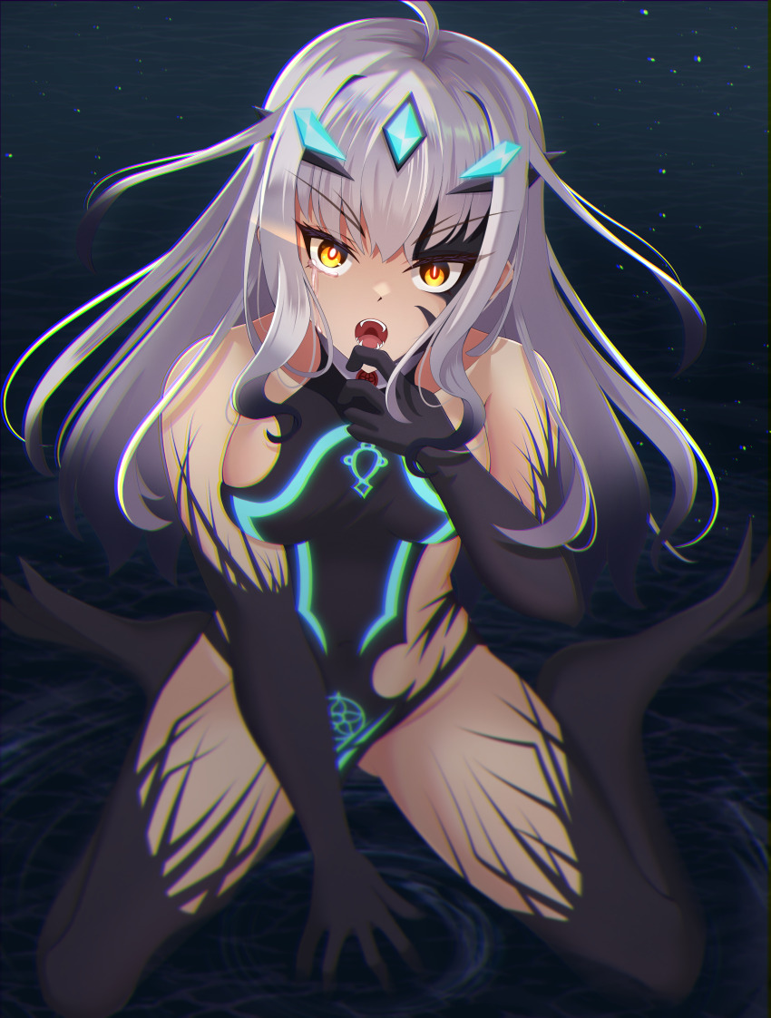 1girl, absurdres, bare_shoulders, black_leotard, body_markings, breasts, fangs, fate/grand_order