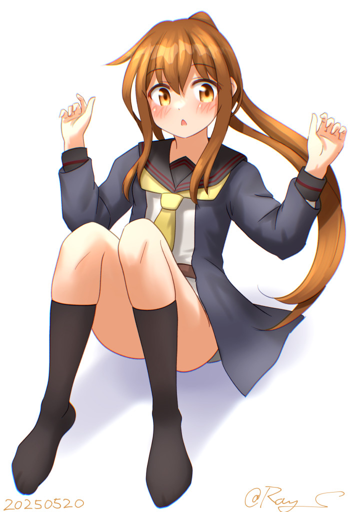 1girl, black_jacket, black_sailor_collar, black_socks, brown_eyes, brown_hair, convenient_leg, fumizuki_(kancolle)