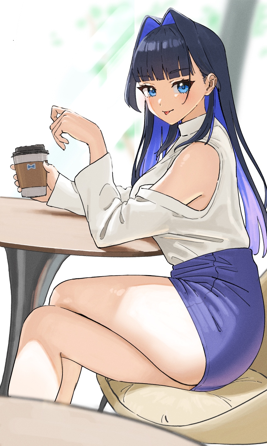 1girl, :p, absurdres, bare_legs, black_hair, blue_eyes, blue_hair, blue_skirt
